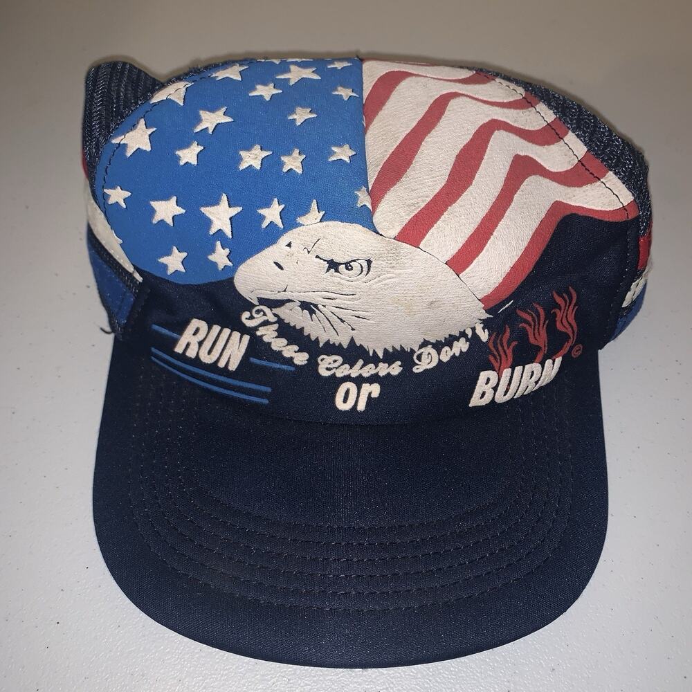 Vintage 3 Stripe Snapback Trucker Hat These Colors Don’t Run or Burn USA Flag